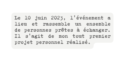 Le 10 juin 2023 l événement a lieu et rassemble un ensemble de personnes prêtes à échanger Il s agit de mon tout premier projet personnel réalisé